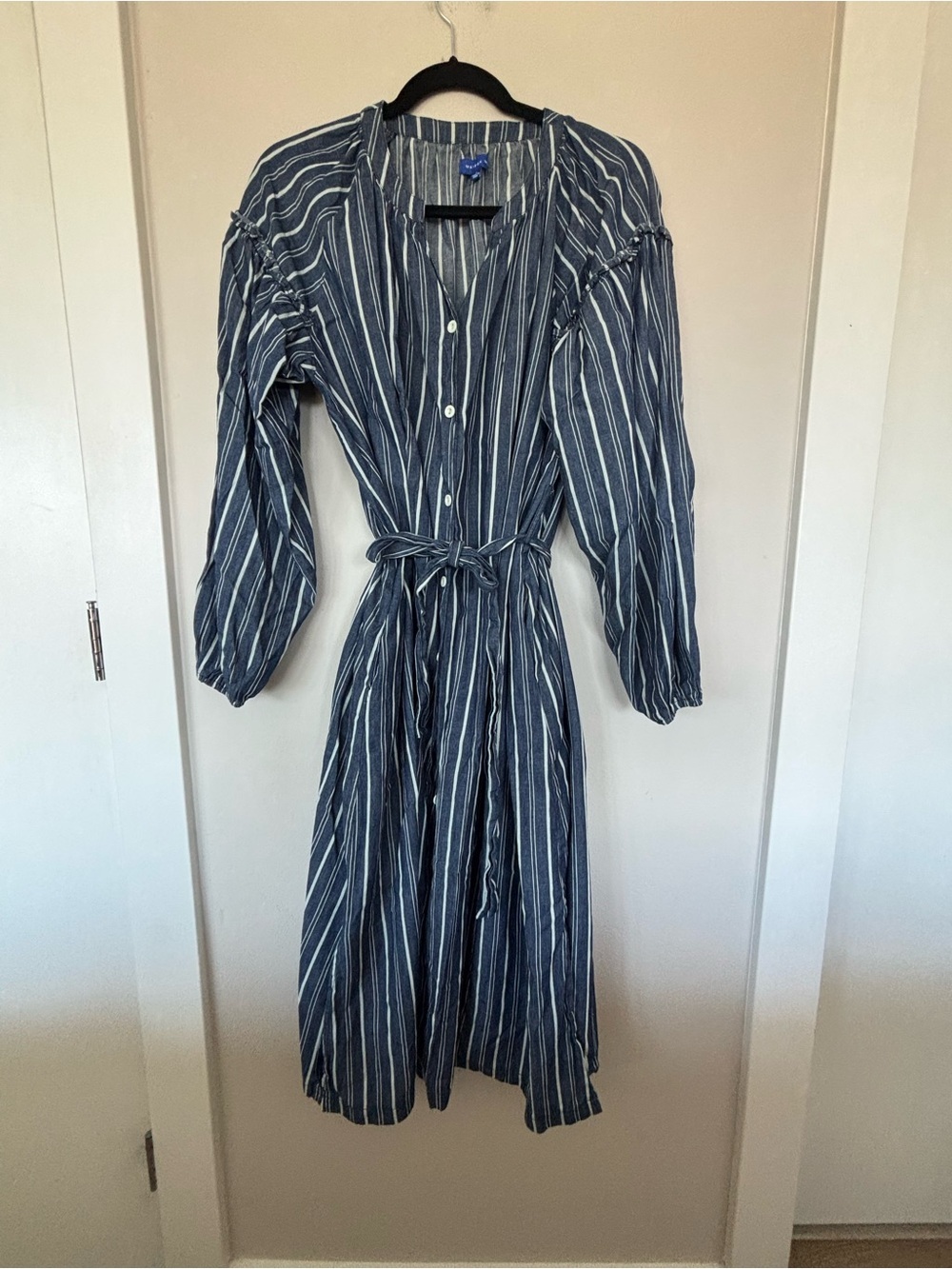 Maison Me Blue Striped Button-Front Tie-Waist Long Sleeve Dress